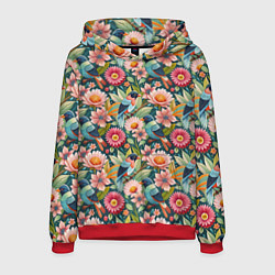Толстовка-худи мужская Тропические птицы в цветах, цвет: 3D-красный