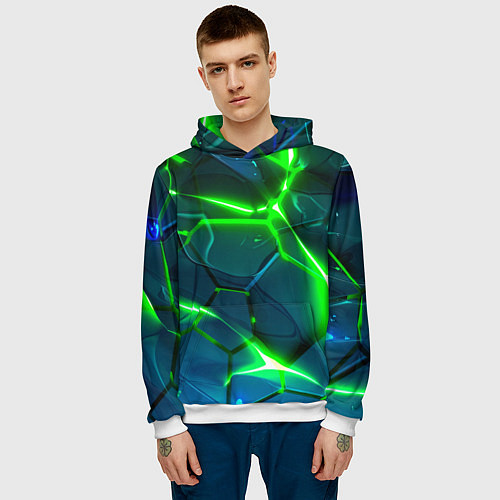 Мужская толстовка Неоновые яркие зеленые разломленные плиты со свето / 3D-Белый – фото 3