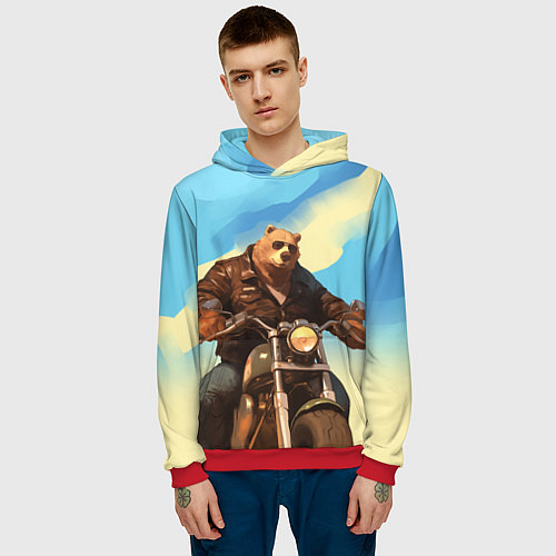Мужская толстовка Медведь на мотоцикле - байкер / 3D-Красный – фото 3