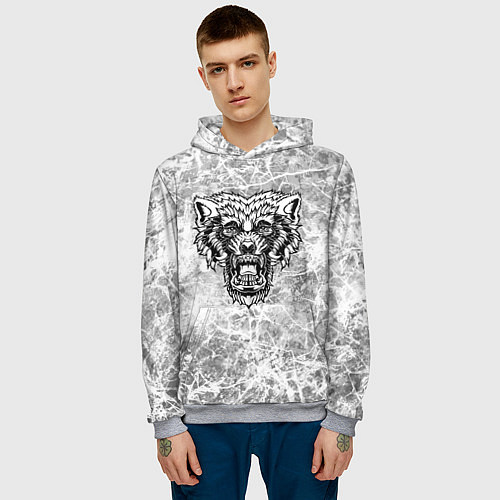 Мужская толстовка Черно-белый злой волк на сером фоне / 3D-Меланж – фото 3