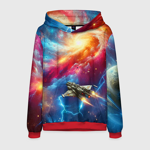 Мужская толстовка Космолёт в неоновом космосе / 3D-Красный – фото 1