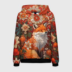 Толстовка-худи мужская Умилительный лисёнок в цветах, цвет: 3D-черный
