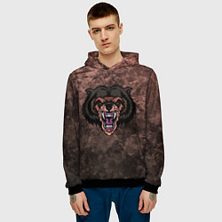 Толстовка-худи мужская Коричневый свирепый медведь на абстрактном фоне, цвет: 3D-черный — фото 2