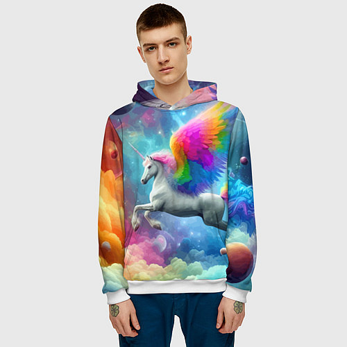 Мужская толстовка Космический крылатый единорог - нейросеть / 3D-Белый – фото 3