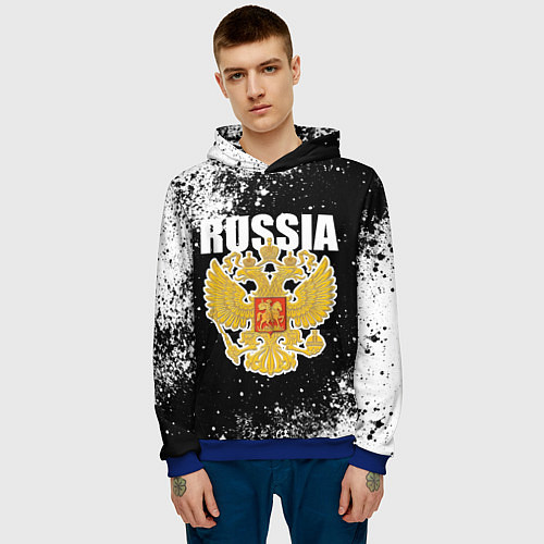 Мужская толстовка Герб России - черно-белые пятна / 3D-Синий – фото 3
