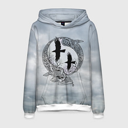 Толстовка-худи мужская Вороны одина в кельтском орнаменте на фоне неба, цвет: 3D-белый