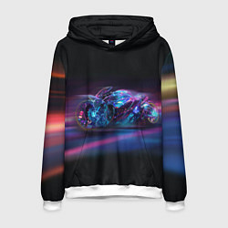 Толстовка-худи мужская Неоновый мотоцикл абстракция, цвет: 3D-белый
