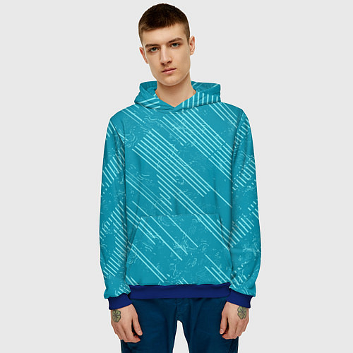 Мужская толстовка Абстракция светлые линии на зеленом фоне / 3D-Синий – фото 3