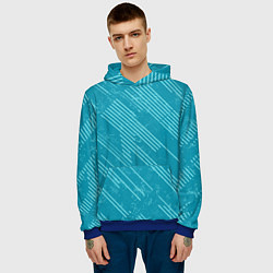 Толстовка-худи мужская Абстракция светлые линии на зеленом фоне, цвет: 3D-синий — фото 2