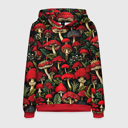 Мужская толстовка Лесные красные грибы мухоморы - паттерн / 3D-Красный – фото 1