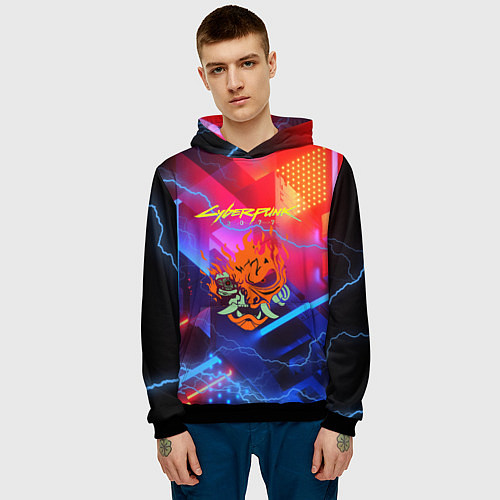 Мужская толстовка Cyberpunk logo - neon geometry / 3D-Черный – фото 3