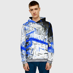Толстовка-худи мужская Сине-белая абстракция на чёрном фоне, цвет: 3D-меланж — фото 2