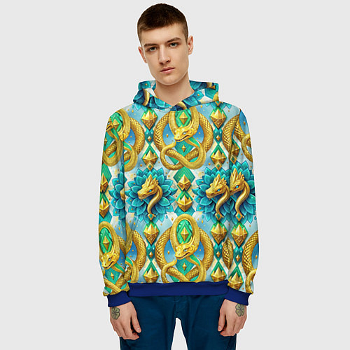 Мужская толстовка Золотистые змеи и цветы / 3D-Синий – фото 3