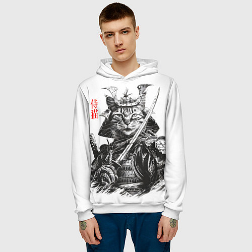 Мужская толстовка Кот рыцарь самурай / 3D-Белый – фото 3