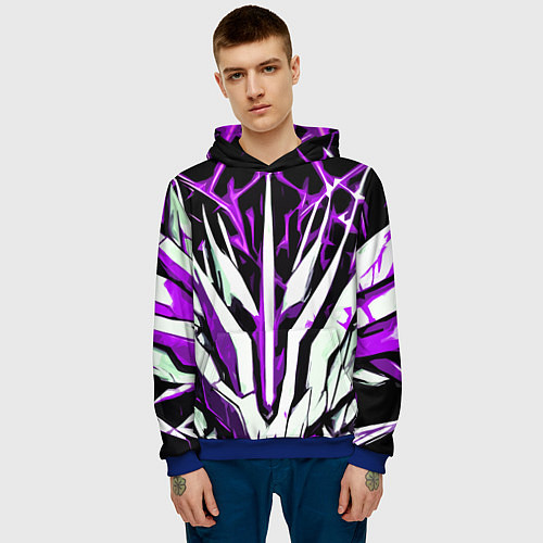 Мужская толстовка Чёрный фон, фиолетово-белая абстракция / 3D-Синий – фото 3