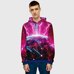 Толстовка-худи мужская Неоновые молнии ударяют в планету - нейроарт, цвет: 3D-синий — фото 2