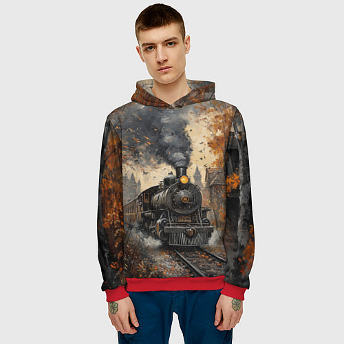 Мужская толстовка Ретро иллюстрация с паровозом / 3D-Красный – фото 3