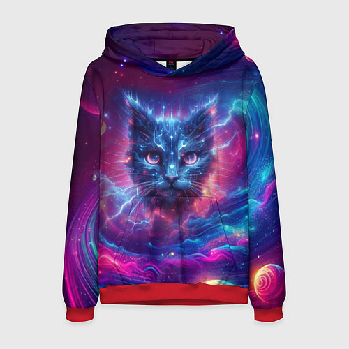 Мужская толстовка Морда космического кота - неоновое свечение / 3D-Красный – фото 1