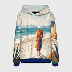 Толстовка-худи мужская Летний пейзаж с женщиной на пляже, цвет: 3D-синий