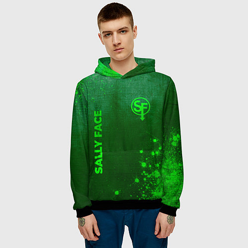 Мужская толстовка Sally Face - green gradient вертикально / 3D-Черный – фото 3