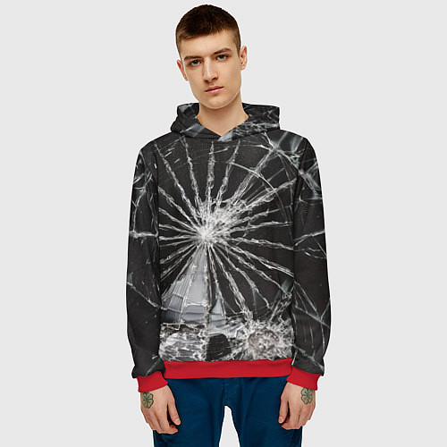 Мужская толстовка Треснутое стекло черная текстура / 3D-Красный – фото 3