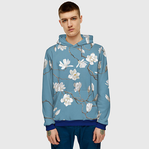 Мужская толстовка Цветы акварелью ветки магнолии / 3D-Синий – фото 3