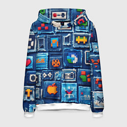 Толстовка-худи мужская Пиксельные символы на пэчворк, цвет: 3D-белый