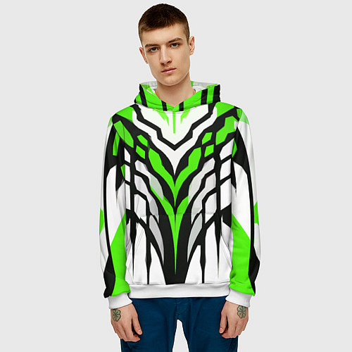 Мужская толстовка Агрессивные чёрно-зелёные полосы на белом фоне / 3D-Белый – фото 3