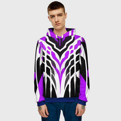 Мужская толстовка Агрессивные фиолетово-белые полосы на чёрном фоне / 3D-Синий – фото 3