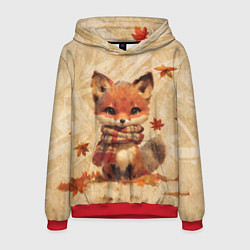 Толстовка-худи мужская Осенний лисёнок в шарфе, цвет: 3D-красный