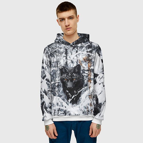 Мужская толстовка Черный лис в заснеженном лесу / 3D-Белый – фото 3