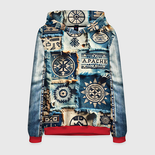 Мужская толстовка Символы Апачи на пэчворк дениме / 3D-Красный – фото 1