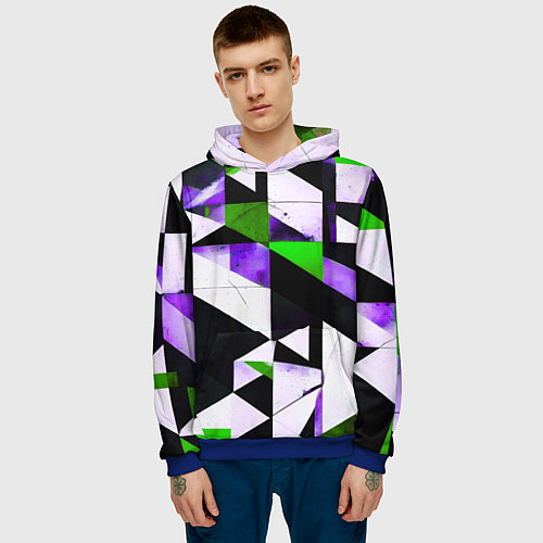 Мужская толстовка Зелёно-фиолетовая абстракция на чёрно-белом фоне / 3D-Синий – фото 3