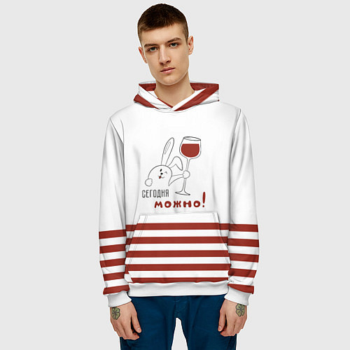 Мужская толстовка Заяц с бокалом вина / 3D-Белый – фото 3