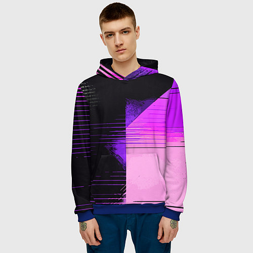 Мужская толстовка Горизонтальные полосы на чёрно-розовом фоне / 3D-Синий – фото 3