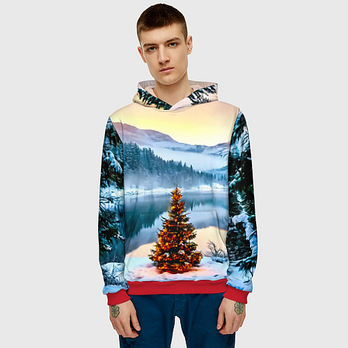 Мужская толстовка Новогодняя елочка на берегу озера / 3D-Красный – фото 3