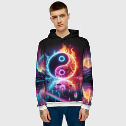 Толстовка-худи мужская Инь янь - неоновый космос, цвет: 3D-белый — фото 2