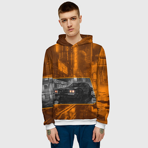 Мужская толстовка Авто с оранжевыми фарами / 3D-Белый – фото 3