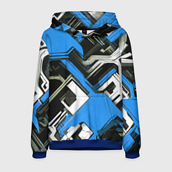 Толстовка-худи мужская Сине-белый техно паттерн на чёрном фоне, цвет: 3D-синий
