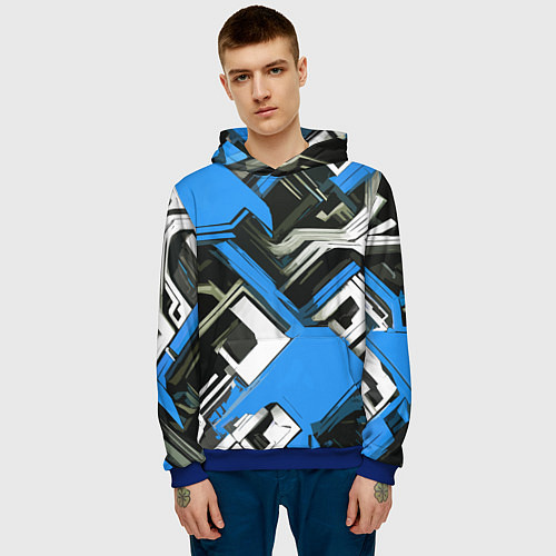 Мужская толстовка Сине-белый техно паттерн на чёрном фоне / 3D-Синий – фото 3