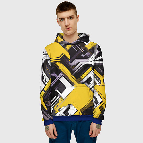 Мужская толстовка Бело-жёлтый техно паттерн на чёрном фоне / 3D-Синий – фото 3