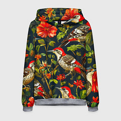 Толстовка-худи мужская Дятлы и цветочки, цвет: 3D-меланж
