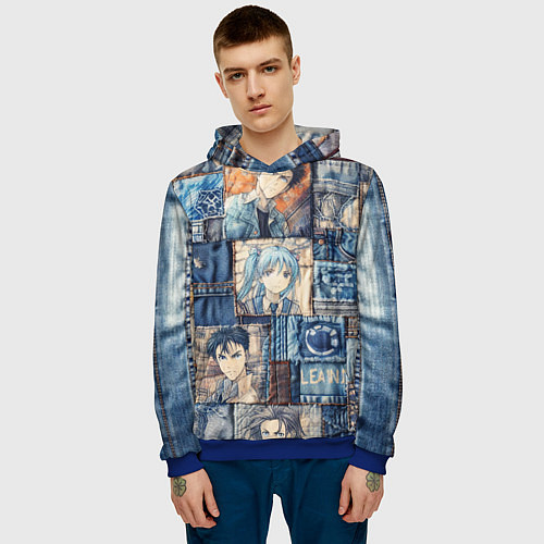 Мужская толстовка Аниме деним-пэчворк / 3D-Синий – фото 3