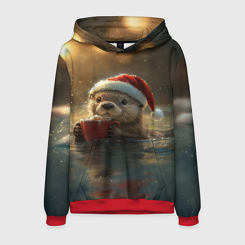 Мужская толстовка Выдра с кофе на новый год / 3D-Красный – фото 1