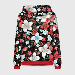 Толстовка-худи мужская Красно-белые цветы на чёрном фоне, цвет: 3D-красный