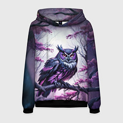 Толстовка-худи мужская Черно фиолетовая сова сидит на ветке, цвет: 3D-черный
