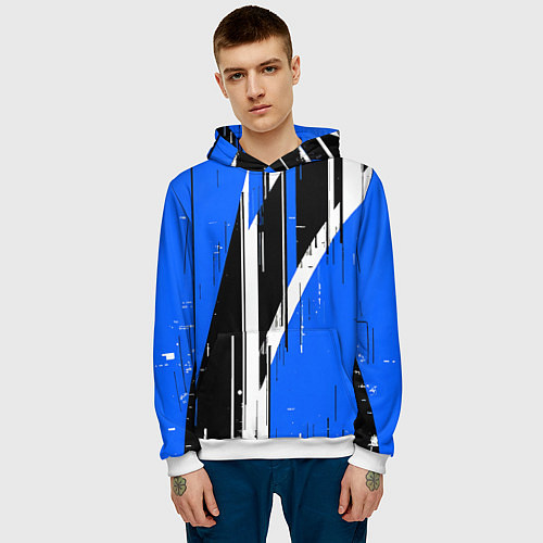 Мужская толстовка Чёрно-белые вертикальные полосы на синем фоне / 3D-Белый – фото 3