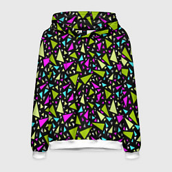Толстовка-худи мужская Неоновые разноцветные треугольники на черном, цвет: 3D-белый