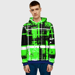 Толстовка-худи мужская Зелёно-белый гранж на чёрном фоне, цвет: 3D-синий — фото 2