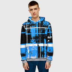 Толстовка-худи мужская Сине-белый гранж на чёрном фоне, цвет: 3D-меланж — фото 2